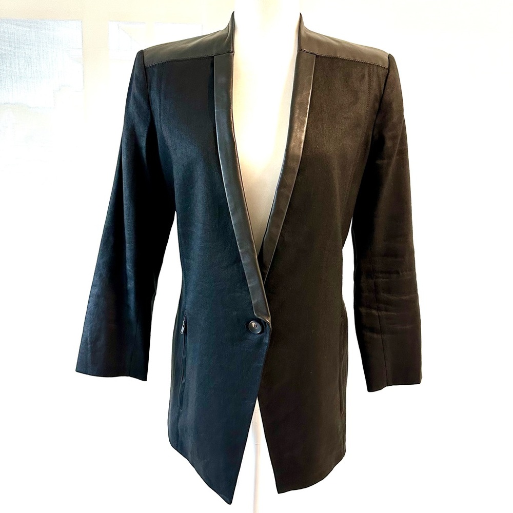 NWT Helmut Lang Black Linen Blazer with Leather Accents & Zipper Pockets